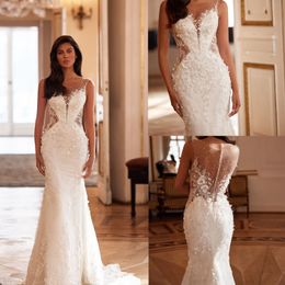 Lace Mermaid Wedding Dresses Sheer Jewel Neck Short Cap Sleeve Bridal Gown Illusion Beads Back Boho 3D Flowers Bride Dress