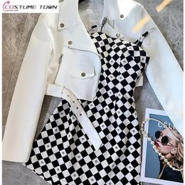 Oversized Womens Autumn Set Fashion Slim Jacket Coat Plaid Suspender Dress Two Piece 240115