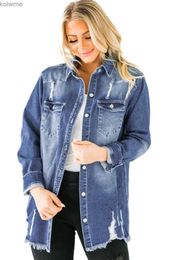 Women's Jackets Black/Blue Distressed Denim Jacket Women Autumn Spring Long Sleeve Solid Hole S-2XL Jackets Coat Top YQ240115