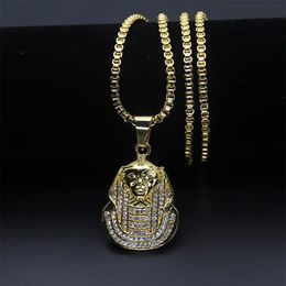 Men's African Jewellery Zinc Alloy 18K Gold Plated Egyptian Pharaoh Pendant Necklace 30 Box Chain Hip Hop256i