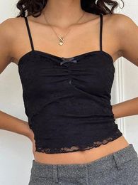 Women's Tanks Women Lace Ruched Camisole Y2K Vintage Summer Sleeveless Camis Vest Backless Bow Slim Fit Solid Colour Crop Tops For Club Party