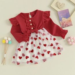 Girl Dresses Infant Toddler Long Sleeve Tutu Dress Round Neck Heart Mesh Print 3D Bow Frill Princess For Baby