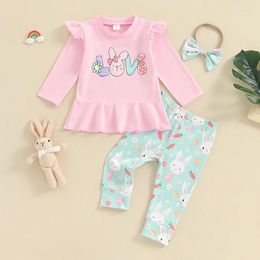 Clothing Sets Baby Girl Easter Clothes Letter Print Long Sleeve Ruffled T-Shirt With Pattern Pants And Headband Outfit