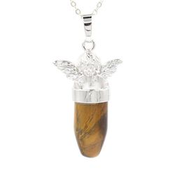 Natural Crystal Gemstone angel bullet Stone Pendant Necklace for Women and Girls Fashion Jewellery with two Chains255b