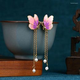 Stud Earrings Original Design National Style Enamel Gradient Butterfly Tassel Pearl 2024 Autumn And Winter