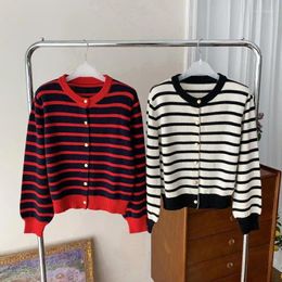Women's Knits 2024 Spring Striped Knitted Red Single Breasted Cardigans Outwear Wool Blend Vintage O-Neck Loose Sweater Clothing