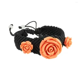 Charm Bracelets SUNYIK Black Rope String Knit Multicolored Resin Imitate Coral Rose Flower Adjustable For Women Classical Jewelry