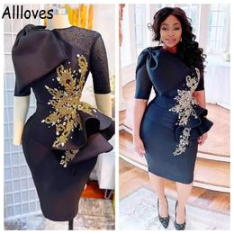 Dresses Navy Blue Plus Size Cocktail Dresses For Black Girls Half Sleeved Big Bow Ruffles Lace Appliques Beaded Knee Length Women Occasion