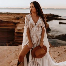 Bohemian Beach Lace Wedding Dress With Split Long Sleeves V-Neck Sexy Bridal Gowns 2024 Backless Summer A Line Boho Bride Dresses