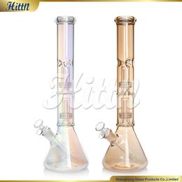 Glass Hookahs 16 Inches Beaker Bongs Holographic Rainbow & Champagne Double Showerhead Percolator Water Bong Oil Burner Pipe with 14mm Joint