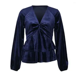 Women's Blouses Women Solid Color Shirt Sexy Top Velvet V Neck For Ruched Bust Slim Waist Long Sleeves Blouse Spring Fall