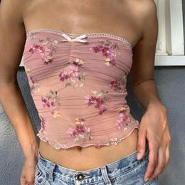 Women's Tanks Women Tube Tops Bandeau Flower Embroidery Strapless Wrap Chest Tank Summer Fashion Y2K Backless Crop