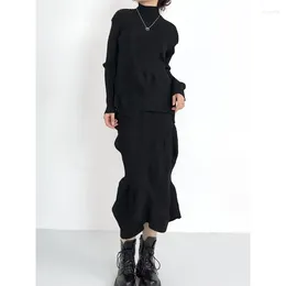 Work Dresses Miyake 2024 High Neck Irregular Folded Sweater Fashion Designer Wide Shaped Half Skirt Set Winter Women's