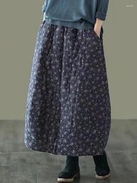 Skirts High Waist Thick Warm Casual Skirt Women 2024 Autumn Winter Vintage Style Floral Print Loose Female A-line Long B3100