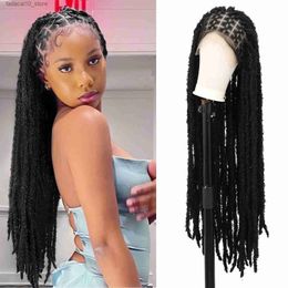 Synthetic Wigs KALYSS 36 Knotless Braided Wigs for Women Criss Cross Full Double Lace Front Goddess Butterfly Faux Locs Braided Lace Wig Q240115