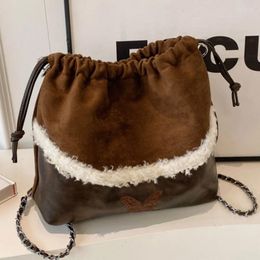 School Bags Brand Designer Suede And Plush Patchwork Women's Backpack Retro Embroidery Drawstring Bucket Bag Travel