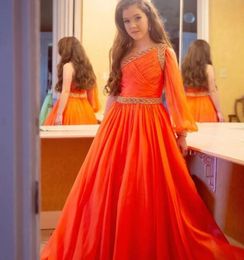 Dresses Little Miss Pageant Dress for Teens Juniors Toddlers Infant 2022 LongSleeve Orange Chiffon Long Girls Prom Gown Formal Party rosi