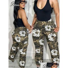 Womens Pants Capris Joskaa Camouflage Printed Cargo Trousers Women Casual High Waist Straight Leg 2024 Spring Female Bot Y2K Streetwea Otypi