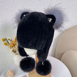 Berets Winter Children Hat Real Fur Hats With Earflaps Bonnet Infant Cap Kids For Girls Boys Ears Neck Warmer