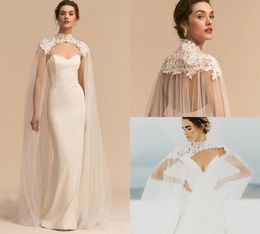 Jackets BHLDN Cape For Beach Wedding Applique High Neck Long Lace Tulle 3M Length Custom Made White Ivory Wedding Shawl For Bridal Cheap W