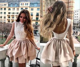 Charming Homecoming Dresses High Neck Lace Long Sleeve Short Party Dress Backless Women Cocktail Dress A Line Plus Size Prom Gowns