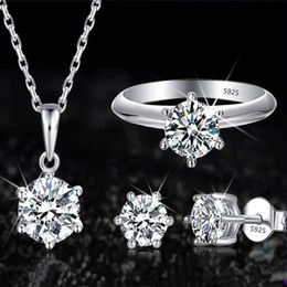 Classic Tibetan Silver Fashion Jewellery Set Luxury 2 Carat Zirconia Ring Earrings Necklace Wedding Set for Bride 240115