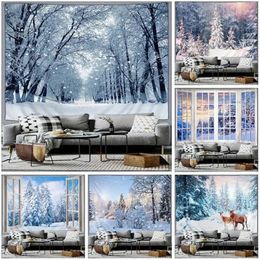 Winter Forest Snow Scene Tapestry Wall Hanging Christmas Tree Happy Year Bedroom Living Room Patio Wall Hanging Mural Decor 240115