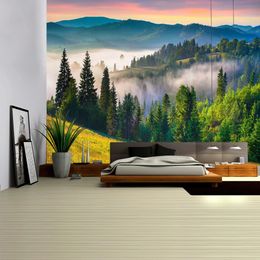 Green Forest Tapestry Big Tree 3D Fantasy Plant Sunlight Natural Scenery River Bamboo Forest Wall Hanging Home Decor 240115