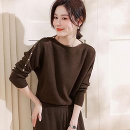 Women's Sweaters Off-Shoulder Base Shirt Long-Sleeved Beaded Knitted Top Short With Wool Autumn And Winter Loose Pullover