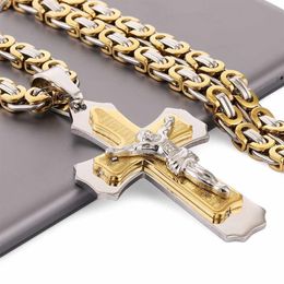 Multilayer Cross Christ Jesus Pendant Necklace StainlSteel Link Byzantine Chain Heavy Men Jewelry Gift 21 65 6mm MN78 X0707312p