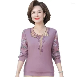 Women's T Shirts Middle Aged Elderly Shirt Tops 2024 Spring Summer Autumn Long Sleeve Loose Embroider Blouse Female T-Shirt 5XL