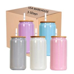 USA Warehouse 25pack Juice Coffee Tumbler Cups Sparkling Rainbow White Shimmer 16oz Sublimation Glass Can 240115