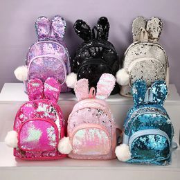 Fashion Sequins Backpack Cute Rabbit Ears School Bags for Girls Zipper Large Capacity Shoulder Bag Princess Kindergarten Mochila 240115