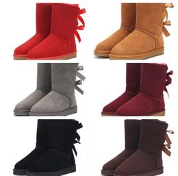 Sapatos elegantes com laço de fita para homens e mulheres, mini botas de neve, botas quentes de pelúcia de pele de carneiro, botas impermeáveis macias e confortáveis