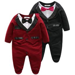 Spring Autumn Baby Boys Romper Bodysuit One Year Old Baptist Gentleman Bowtie Suit Long Sleeve Baby Jumpsuit s Outfits 240115