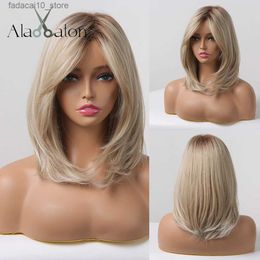 Synthetic Wigs ALAN EATON Layered Sythetic Wigs with Bangs Straight Short Highlights Blonde Hair Wig with for Women Natural Daily Cosplay Wigs Q240115