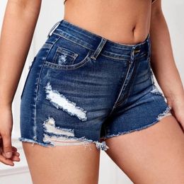 Women's Jeans Denim Shorts Mid Waist Ripped Hem Tessles Stretchy Jean With Pockets 2024 Summer Woman Sexy