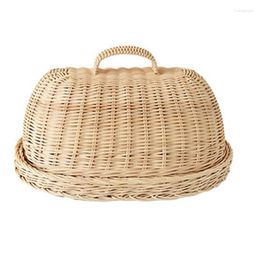 Plates Rattan Bread Tray Lid Home Kitchen Cover Anti-Flying Insects Basket Natural Handmade Fruit Snack Trays