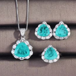 Necklaces Paraiba Tourmaline Jewellery Set Sterling Sier Promise Party Wedding Rings Earrings Necklace for Women Bridal Jewellery