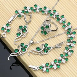 Necklaces Sier Dubai Jewellery Sets Green Zircon Beads Costume for Women Stones Leaves Earrings Rings Necklace Set Dropshipping