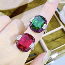 Cluster Rings Vintage Silver Colour 12 16MM Ruby Emerald For Women Wedding Bands Gemstone Cocktail Party Jewellery Female Anniversary Gifts