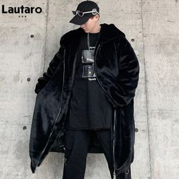 Lautaro Winter Long Oversized Black Warm Thick Soft Fluffy Faux Fur Coat Men with Hood Zipper Casual Loose Korean Fashion 240115