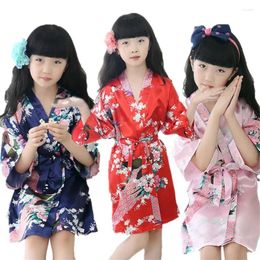 Stage Wear 9Color Traditional Japanese Kimono Clothing For Girls Wedding Bridesmaid Peacock Pajamas Kids Silk Asian Sleepwear