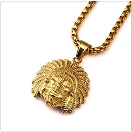 Stainless Steel Gold Plated American Indian Chief Head Pendant Necklace Gothic Indians Head Hip Hop Jewelry For Men Women312J