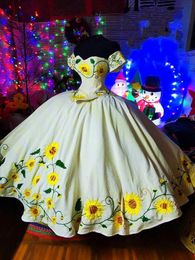 Dresses Vintage Sunflowers Embroidered Quinceanera Dresses Charro Mexican Style Off The Shoulder Corset Sweet 16 Dress Ball Gown Puffy 15