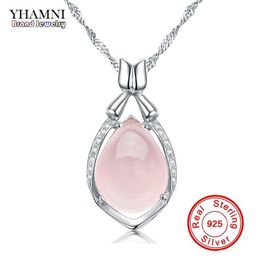 YHAMNI Luxury Solid 925 Sterling Silver Pink Gem Crystal Pendant Necklace Natural Stone Water Drop Necklace For Women DZ056304p