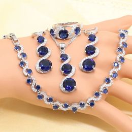 XUTAAYI Silver Color Wedding Jewelry Sets For Women Flower Shape Blue Zircon Bracelet Earrings Necklace Pendant Ring Gift Box 240115