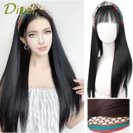 Syntetyczna fryzurka konkubiny długie proste włosy naturalne czarne kobiety mody peruka pół osłony na głowę odporna na ciepło 240115