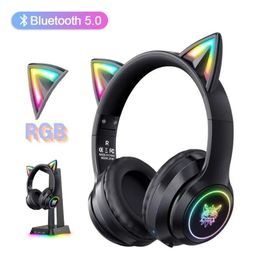 Earphones Onikuma B90 RGB Cat Ear Wireless Bluetooth Headset For Girl Noise Canceling Headphones Over Ear Phone Earphones RGB LED Light