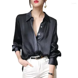 Women's Blouses Ink Blue Acetic Acid Shirts Pleated Solid Color Temperament Real Silk Loose Fitting Copper Spandex Tops